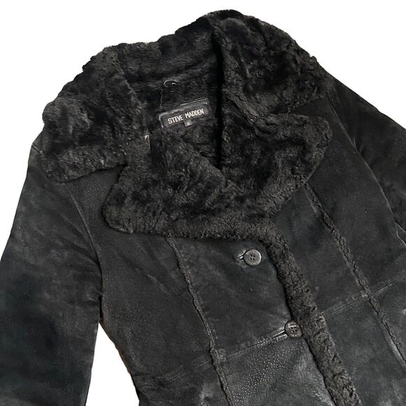 Vintage Steve Madden Leather Coat Small Black Fur Lined Y2K Suede Jacket - Picture 3 of 16